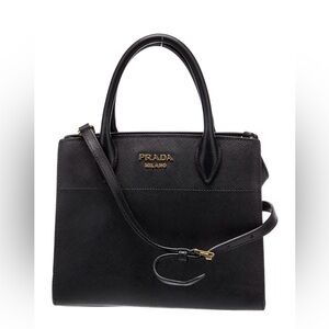 Prada Black Satchel with Gold Logo and Structured Design